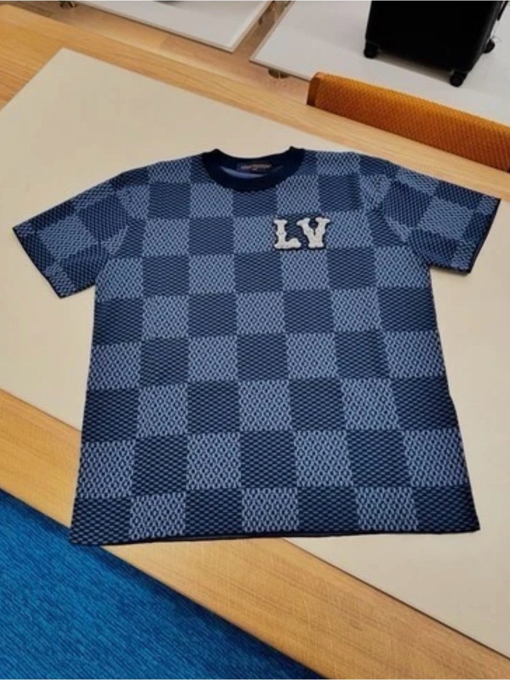 Louis Vuitton Navy and Light Blue Checkerboard LV Patch Tee